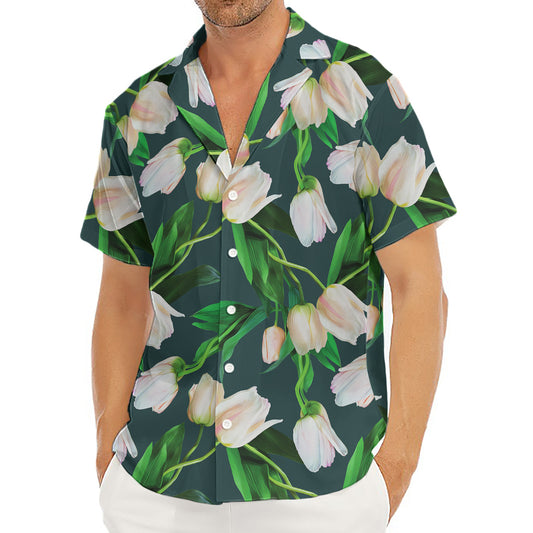 White Tulip Pattern Print Men's Deep V-Neck Shirt
