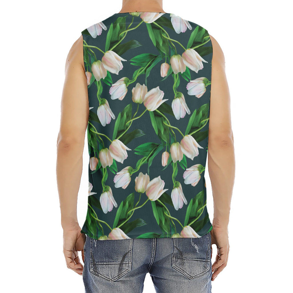 White Tulip Pattern Print Men's Fitness Tank Top