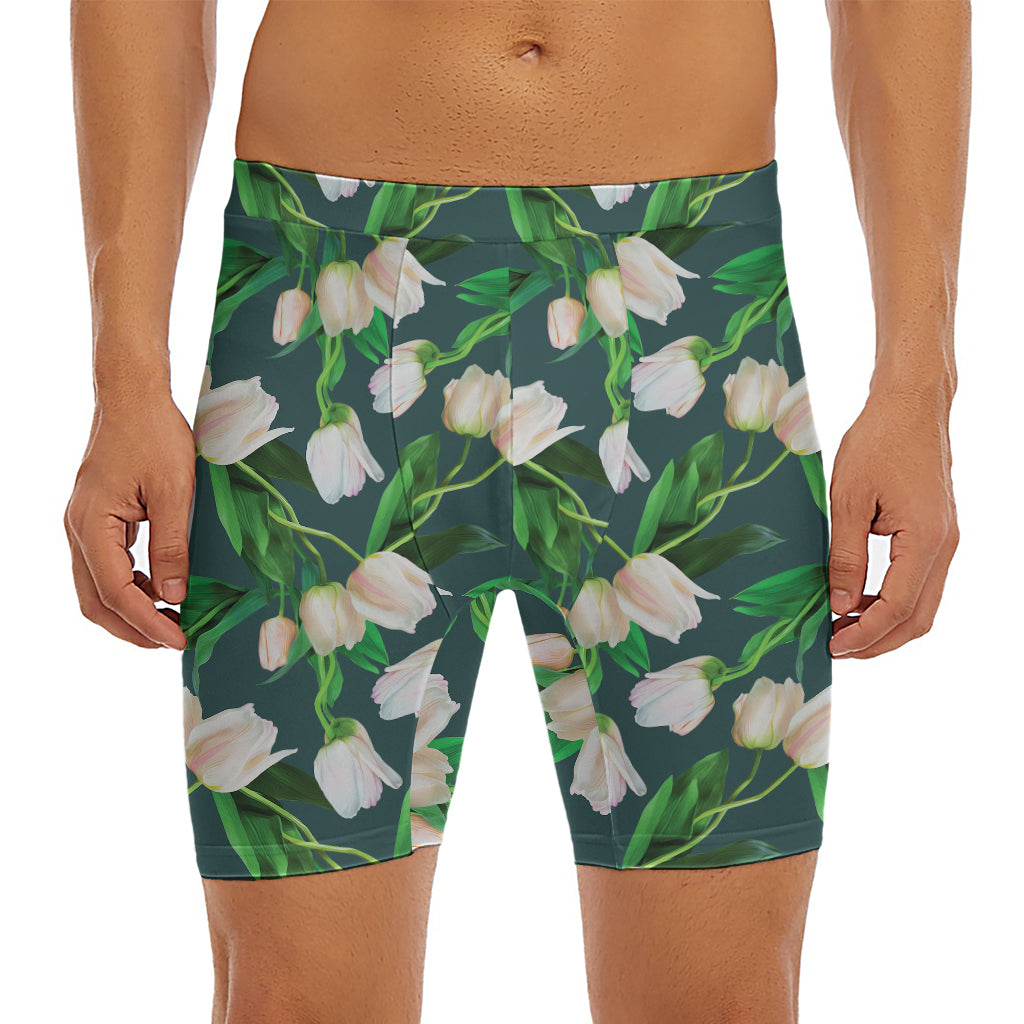 White Tulip Pattern Print Men's Long Boxer Briefs