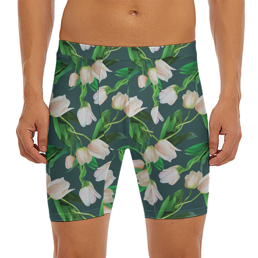 White Tulip Pattern Print Men's Long Boxer Briefs