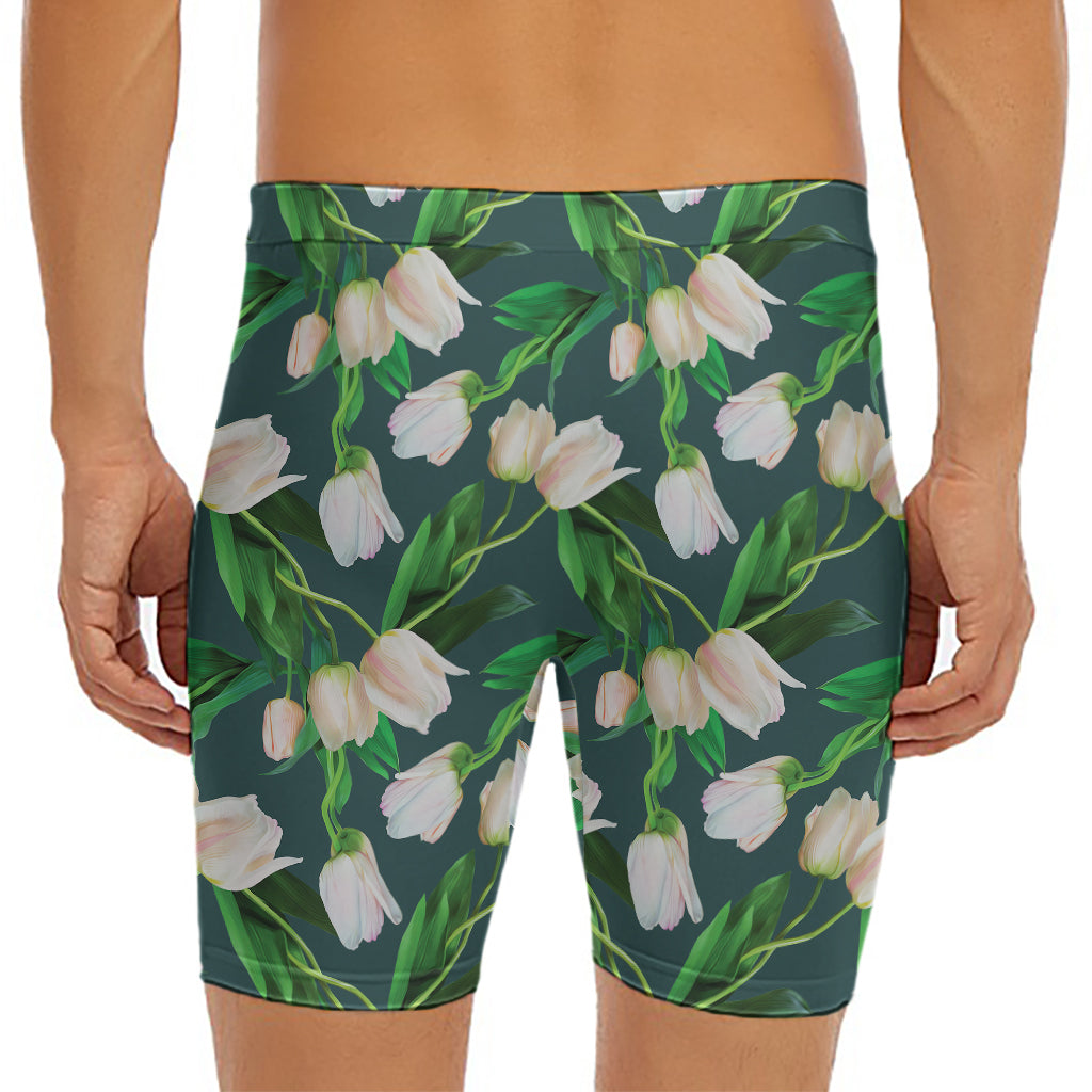 White Tulip Pattern Print Men's Long Boxer Briefs
