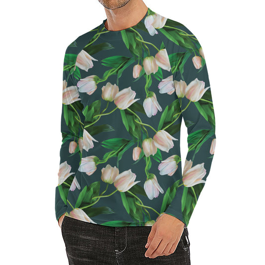White Tulip Pattern Print Men's Long Sleeve Rash Guard