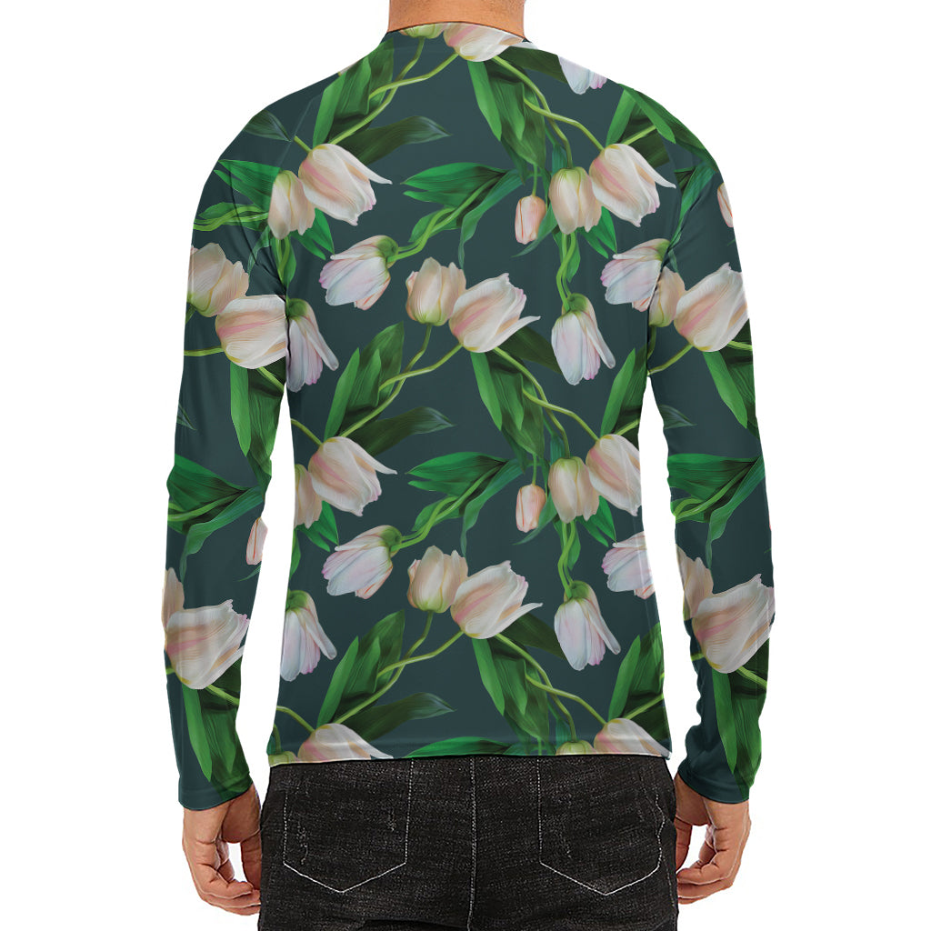 White Tulip Pattern Print Men's Long Sleeve Rash Guard