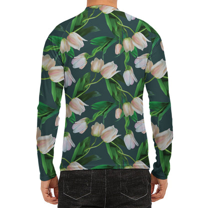 White Tulip Pattern Print Men's Long Sleeve Rash Guard
