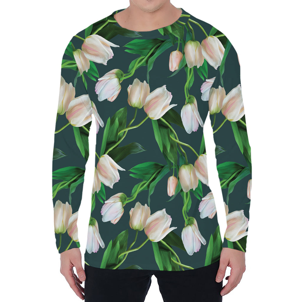 White Tulip Pattern Print Men's Long Sleeve T-Shirt