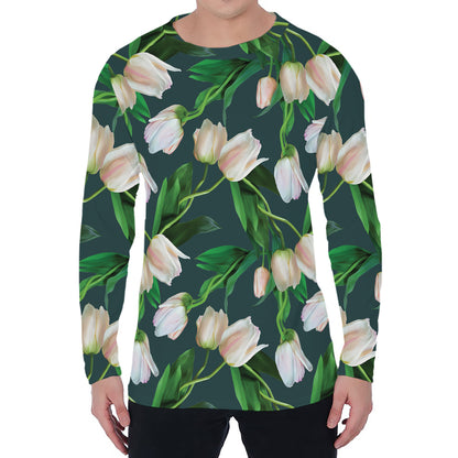 White Tulip Pattern Print Men's Long Sleeve T-Shirt