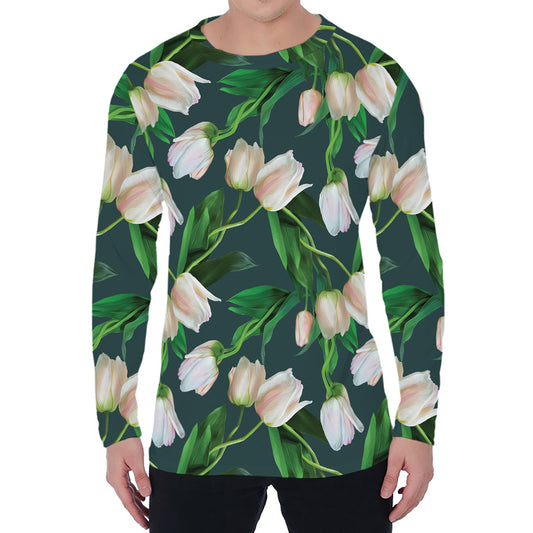 White Tulip Pattern Print Men's Long Sleeve T-Shirt