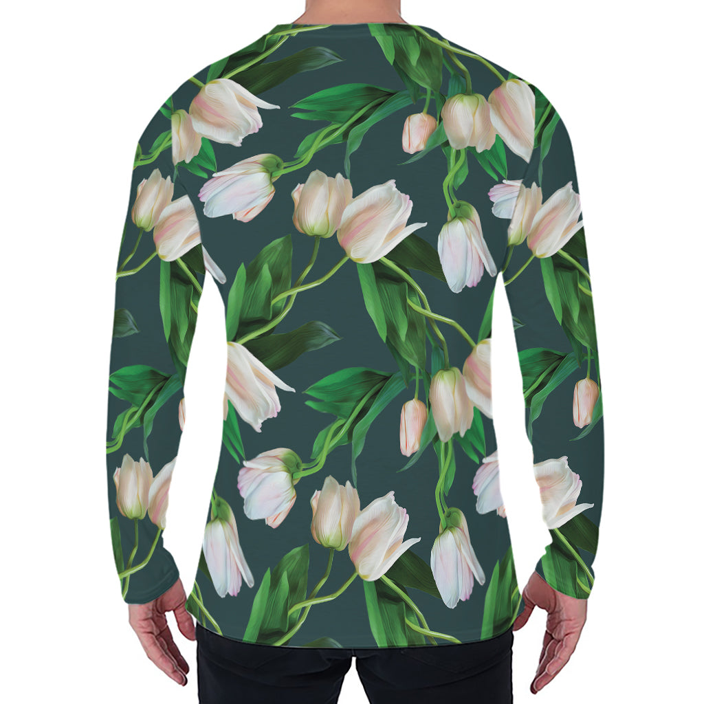 White Tulip Pattern Print Men's Long Sleeve T-Shirt