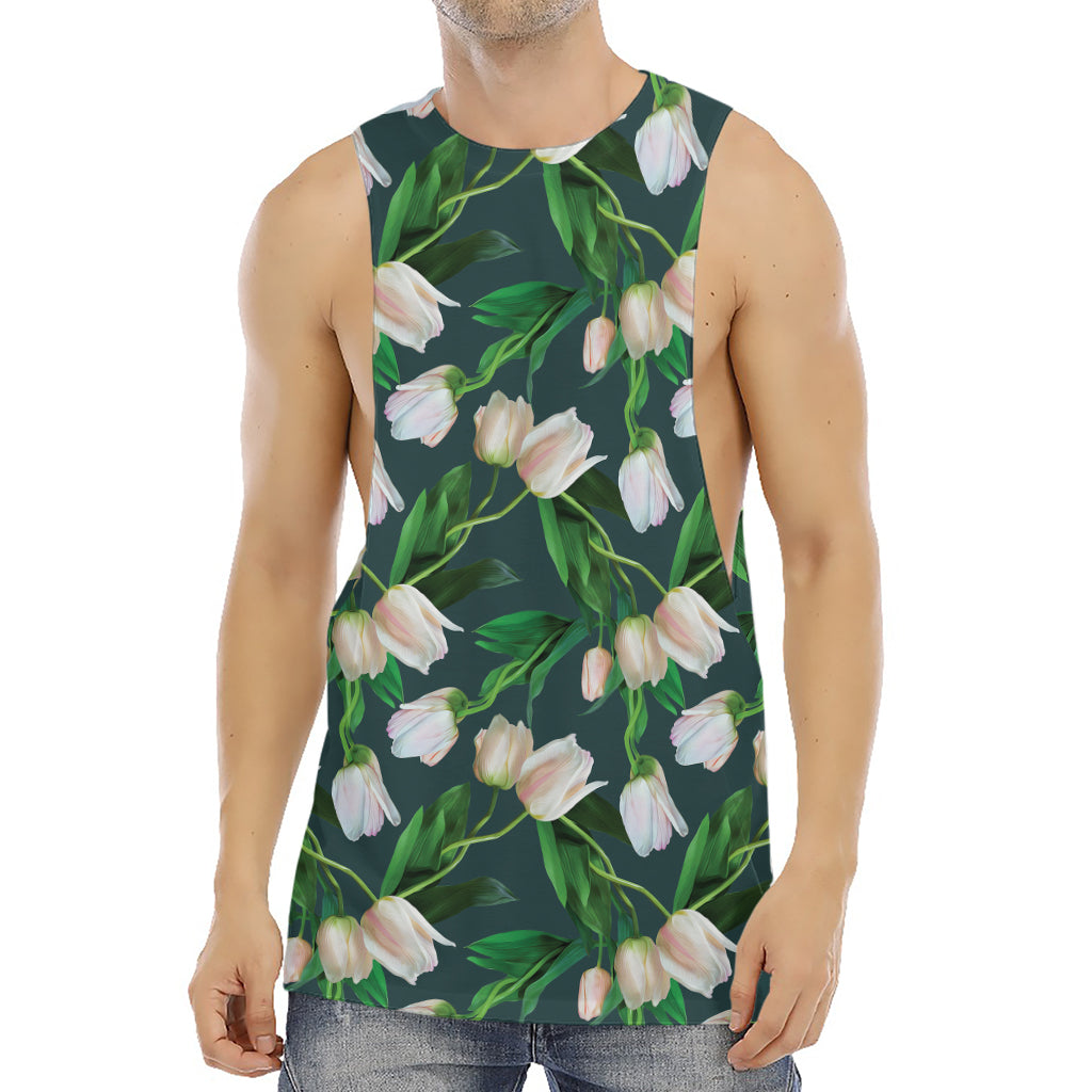 White Tulip Pattern Print Men's Muscle Tank Top