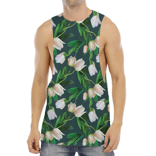 White Tulip Pattern Print Men's Muscle Tank Top