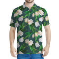 White Tulip Pattern Print Men's Polo Shirt