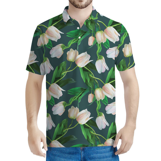 White Tulip Pattern Print Men's Polo Shirt