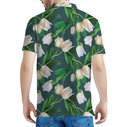 White Tulip Pattern Print Men's Polo Shirt