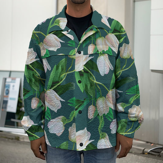 White Tulip Pattern Print Men's Shirt Jacket