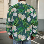 White Tulip Pattern Print Men's Shirt Jacket
