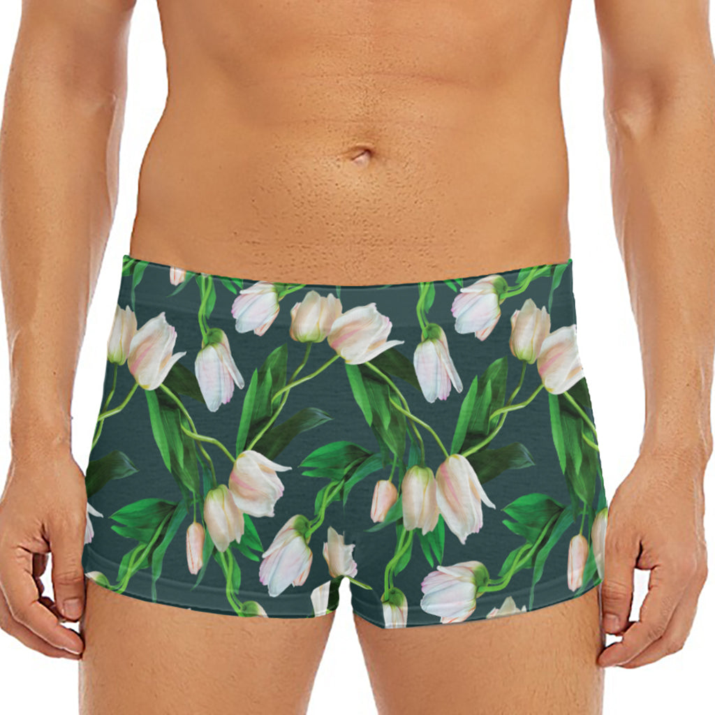 White Tulip Pattern Print Men's Short Boxer Briefs
