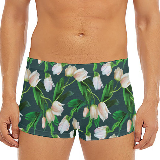 White Tulip Pattern Print Men's Short Boxer Briefs