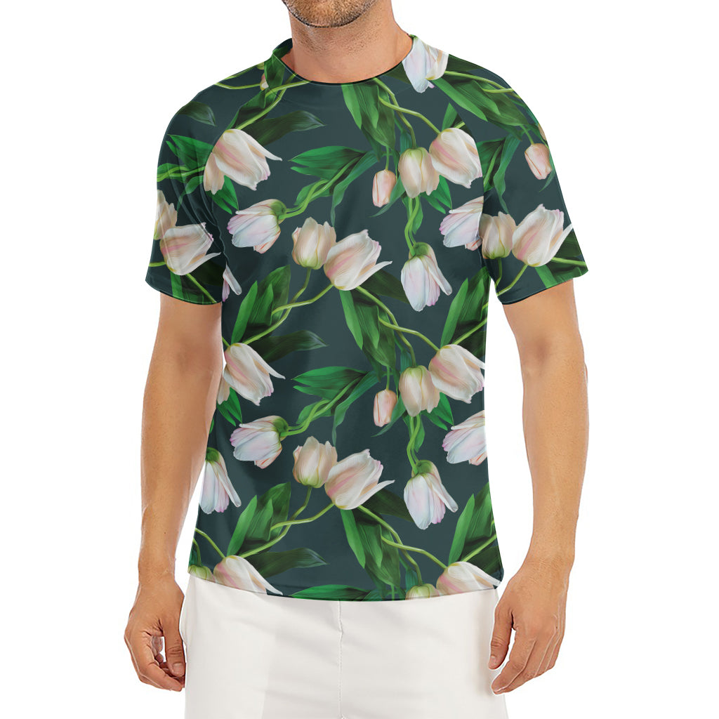 White Tulip Pattern Print Men's Short Sleeve Rash Guard