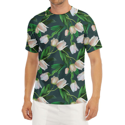 White Tulip Pattern Print Men's Short Sleeve Rash Guard