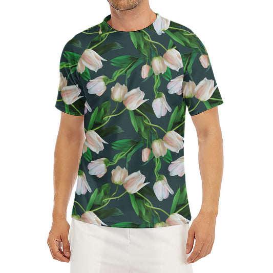 White Tulip Pattern Print Men's Short Sleeve Rash Guard