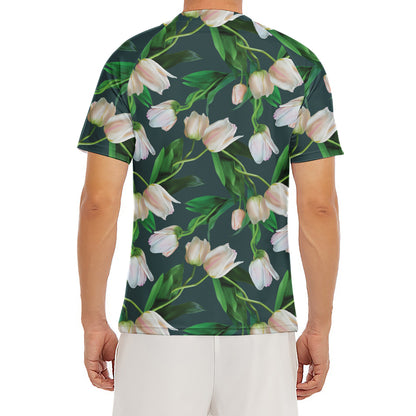 White Tulip Pattern Print Men's Short Sleeve Rash Guard