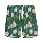 White Tulip Pattern Print Men's Sports Shorts