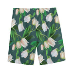 White Tulip Pattern Print Men's Sports Shorts
