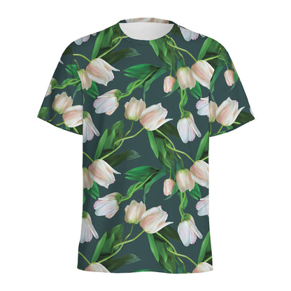 White Tulip Pattern Print Men's Sports T-Shirt