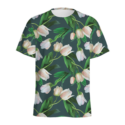 White Tulip Pattern Print Men's Sports T-Shirt