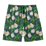White Tulip Pattern Print Men's Swim Trunks