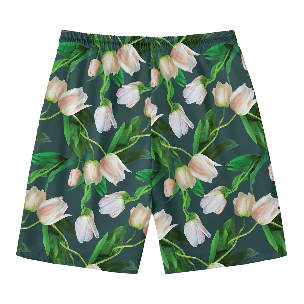 White Tulip Pattern Print Men's Swim Trunks