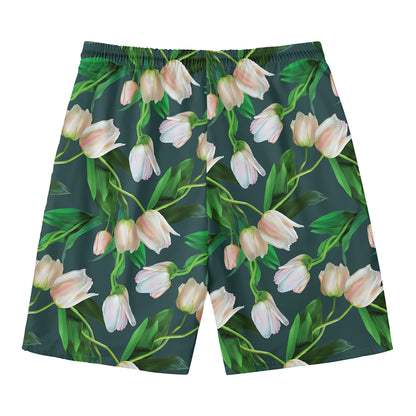 White Tulip Pattern Print Men's Swim Trunks