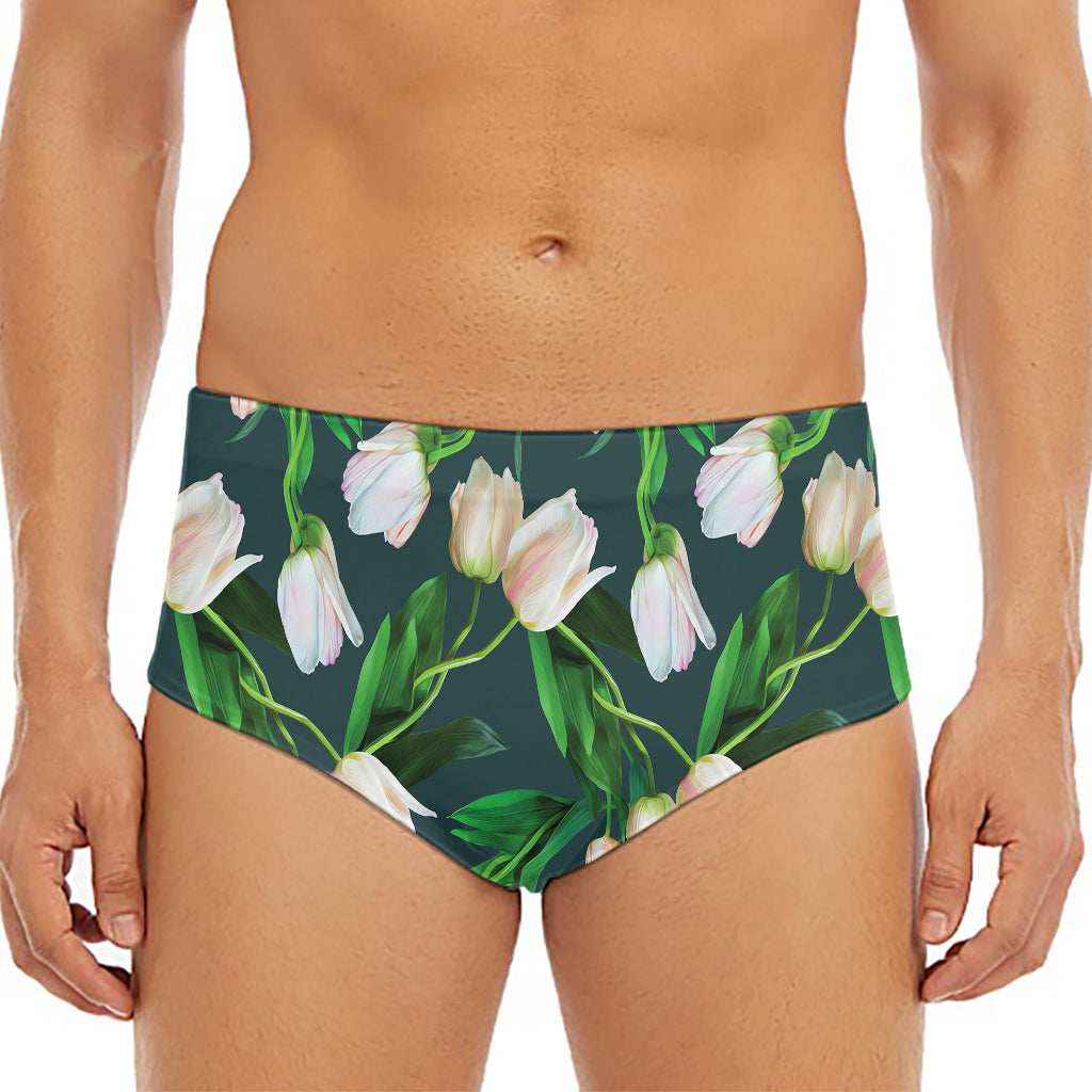 White Tulip Pattern Print Men's Triangle Swim Briefs