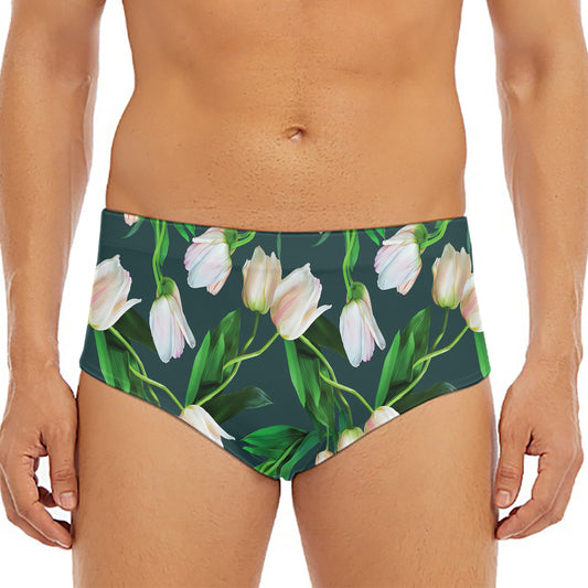 White Tulip Pattern Print Men's Triangle Swim Briefs