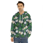 White Tulip Pattern Print Men's Velvet Pullover Hoodie