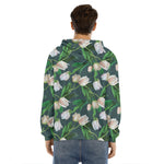 White Tulip Pattern Print Men's Velvet Pullover Hoodie