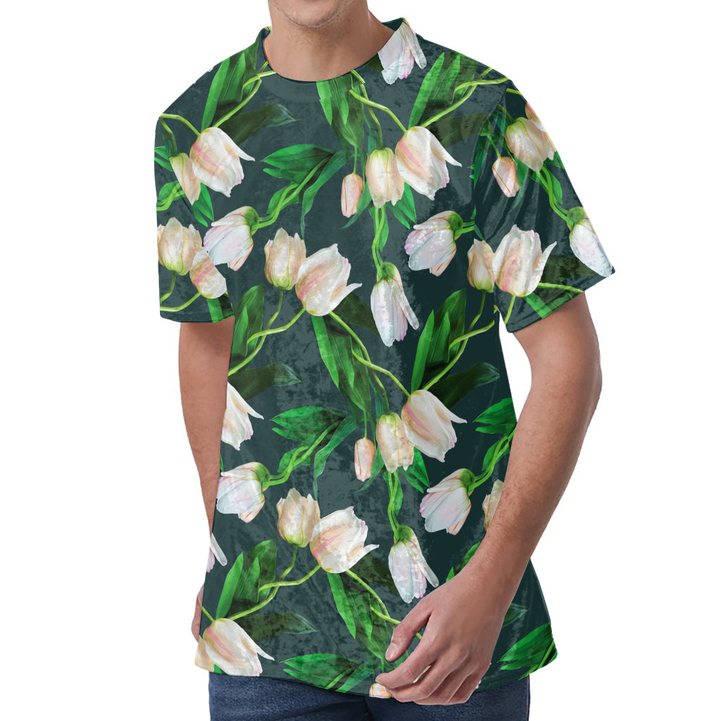 White Tulip Pattern Print Men's Velvet T-Shirt