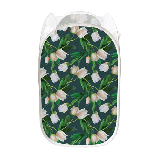White Tulip Pattern Print Mesh Laundry Hamper