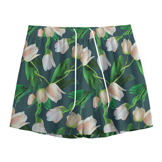 White Tulip Pattern Print Mesh Shorts