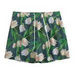 White Tulip Pattern Print Mesh Shorts