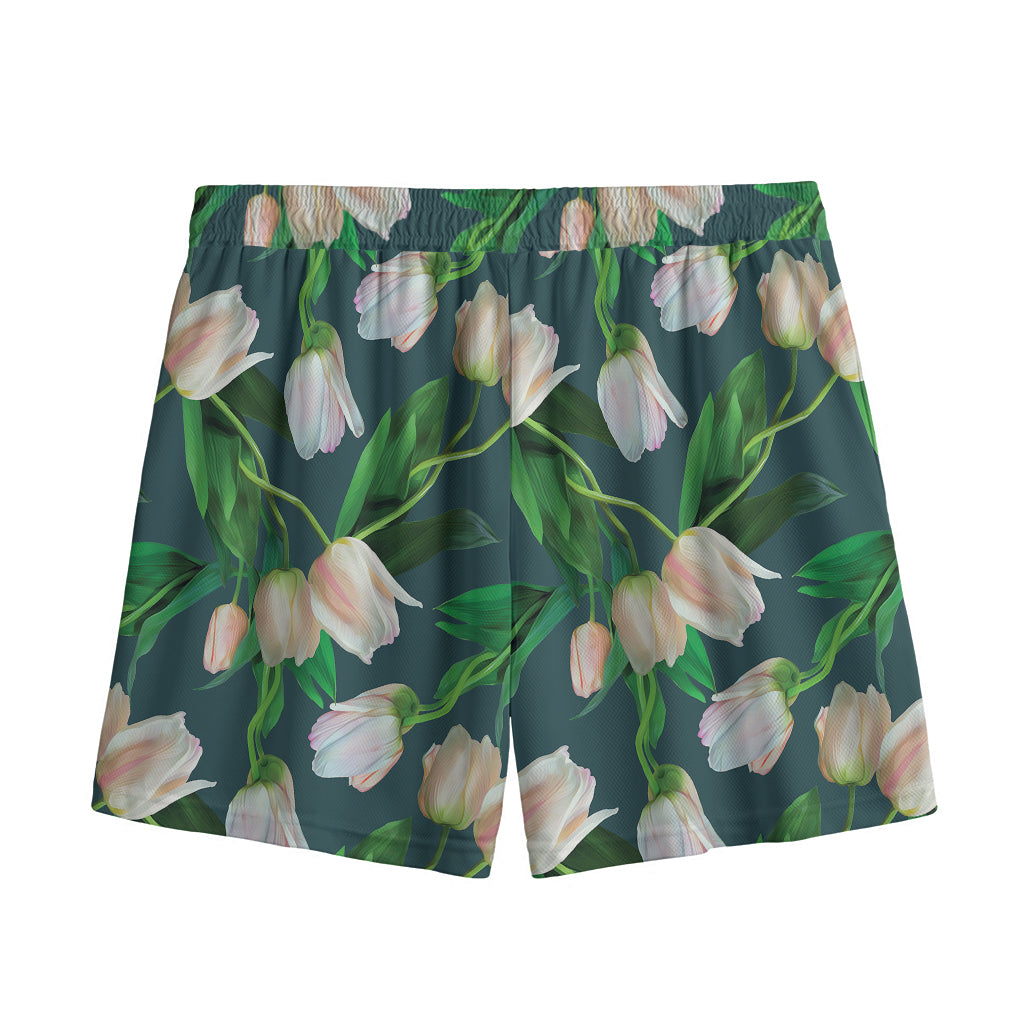 White Tulip Pattern Print Mesh Shorts