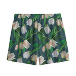 White Tulip Pattern Print Mesh Shorts