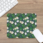 White Tulip Pattern Print Mouse Pad