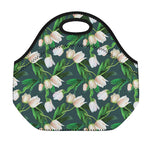 White Tulip Pattern Print Neoprene Lunch Bag