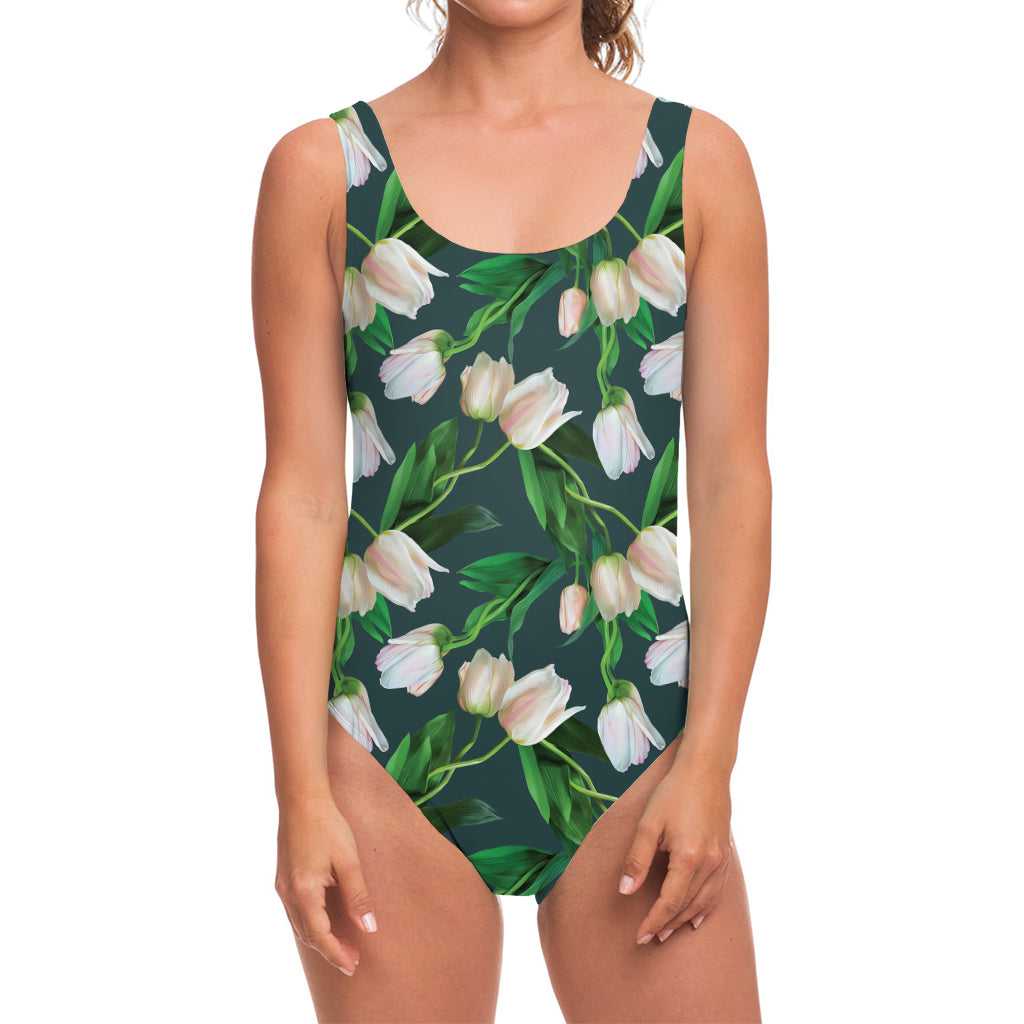 White Tulip Pattern Print One Piece Swimsuit