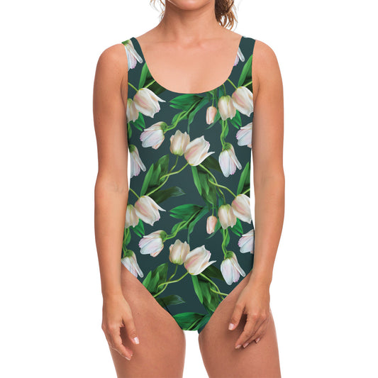 White Tulip Pattern Print One Piece Swimsuit