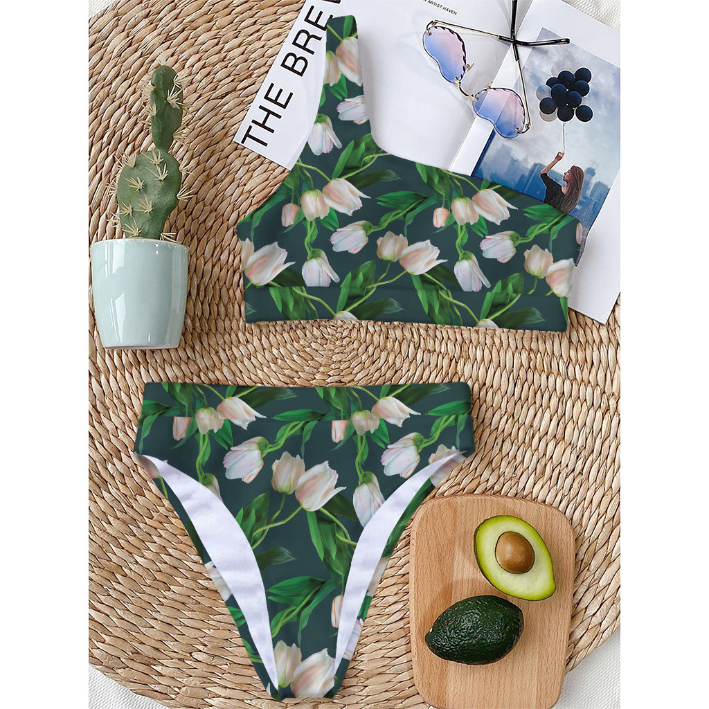 White Tulip Pattern Print One Shoulder Bikini Top