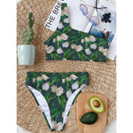 White Tulip Pattern Print One Shoulder Bikini Top