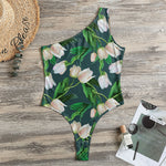 White Tulip Pattern Print One Shoulder Bodysuit