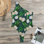 White Tulip Pattern Print One Shoulder Bodysuit